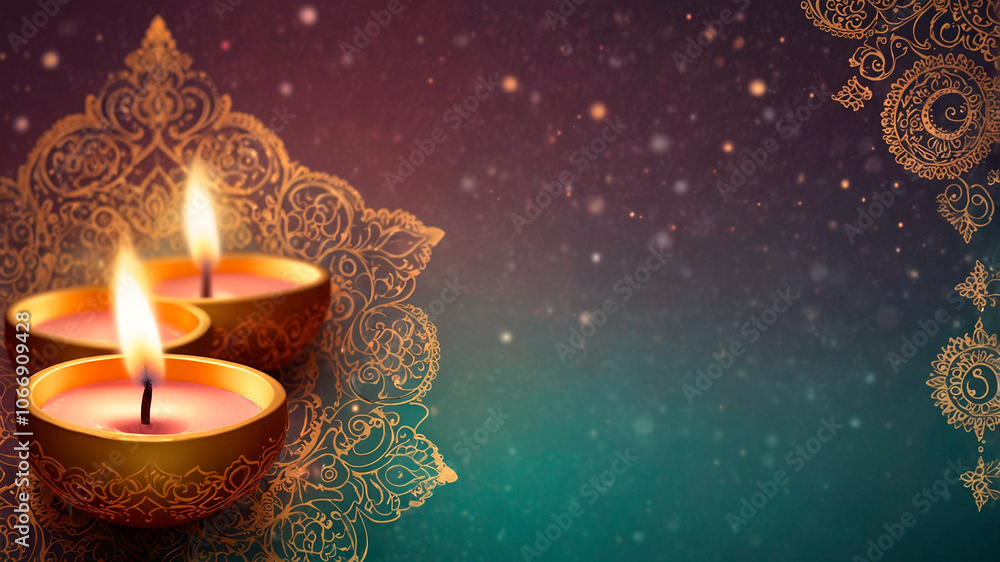Diwali card design. Traditional celebration background with a textured maroon surface decorated with shimmering gold motifs, flickering oil lamps, and sparks. Oriental festival of lights. Ramadan Diwali card design. Traditional celebration background with a textured maroon surface decorated with shimmering gold motifs, flickering oil lamps, and sparks. Oriental festival of lights. Ramadan