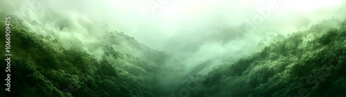 A breathtaking view of a misty green forest, showcasing layers of lush trees and mountains enveloped in fog, creating a serene and tranquil atmosphere.