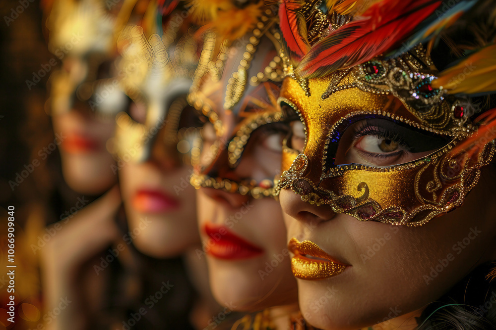 Elegant venetian masked woman in golden attire at a masquerade ball ai generative Elegant venetian masked woman in golden attire at a masquerade ball ai generative