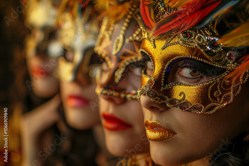 Elegant venetian masked woman in golden attire at a masquerade ball ai generative photo