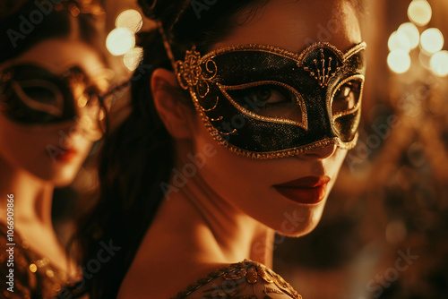 Elegant venetian masked woman in golden attire at a masquerade ball ai generative photo