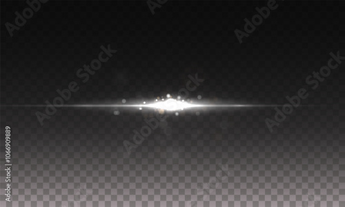 White laser beams isolated on black background. Abstract light effect. White lens flash. Horizontal rays glowing in the dark. Light Speed ​​vector illustration, road.