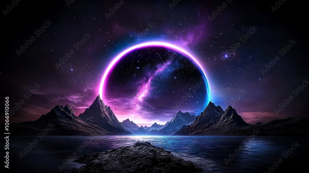 Neon Ring Above Mountains and Stars Night Sky Landscape Neon Ring Above Mountains and Stars Night Sky Landscape