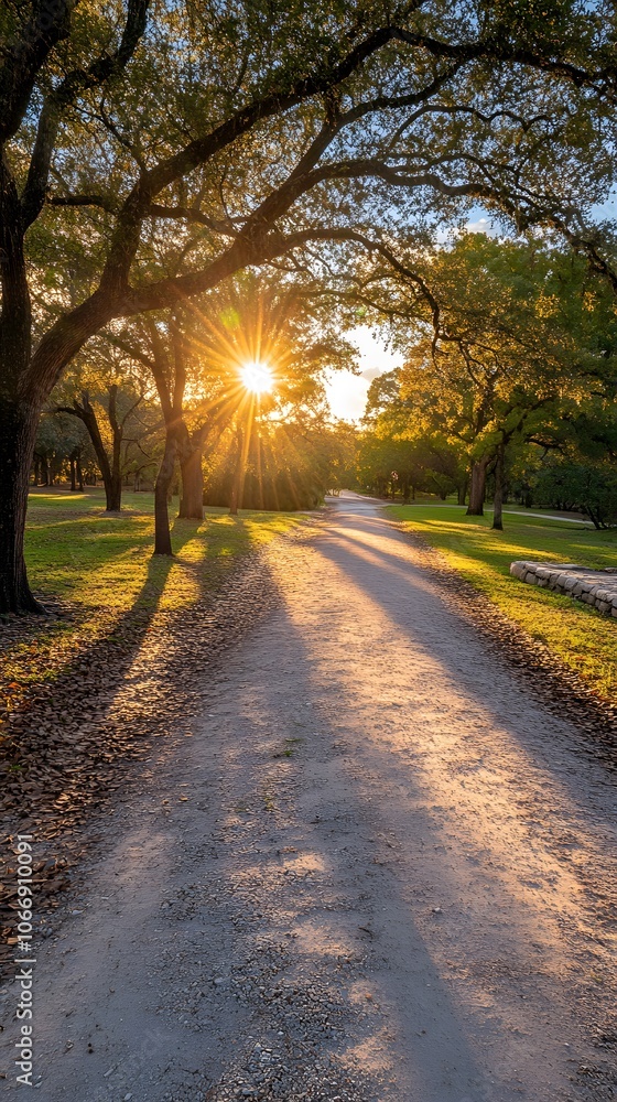 A serene park pathway at sunset, with warm sunlight filtering through the trees. A serene park pathway at sunset, with warm sunlight filtering through the trees.