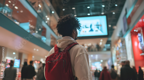 Shopper with Red Backpack in Modern Mall