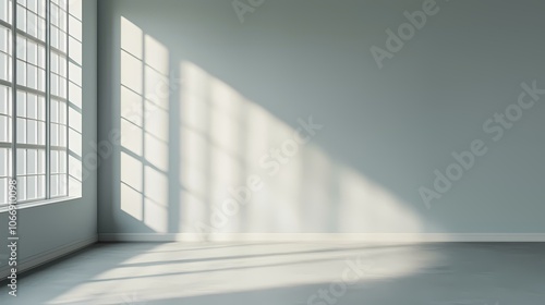 The image shows a blank interior room with a large window on the left side, casting long shadows on the wall and floor, creating a minimalist and modern feel.