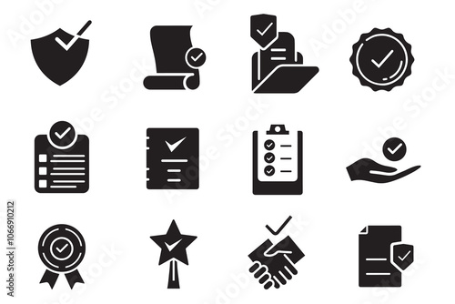 Verified checkmark guarantee icon set. Vector illustration of trust, warranty, agreement, badge,  confirms, approval mark. Certified award for successful business. Badge warranty for web and app