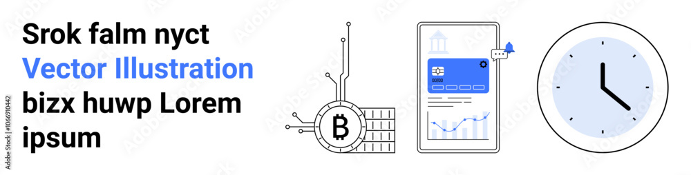 Bitcoin logo on a circuit, digital document with graphs, and a clock. Ideal for finance, cryptocurrency, technology, business, data, time management, and presentations. Landing page Bitcoin logo on a circuit, digital document with graphs, and a clock. Ideal for finance, cryptocurrency, technology, business, data, time management, and presentations. Landing page