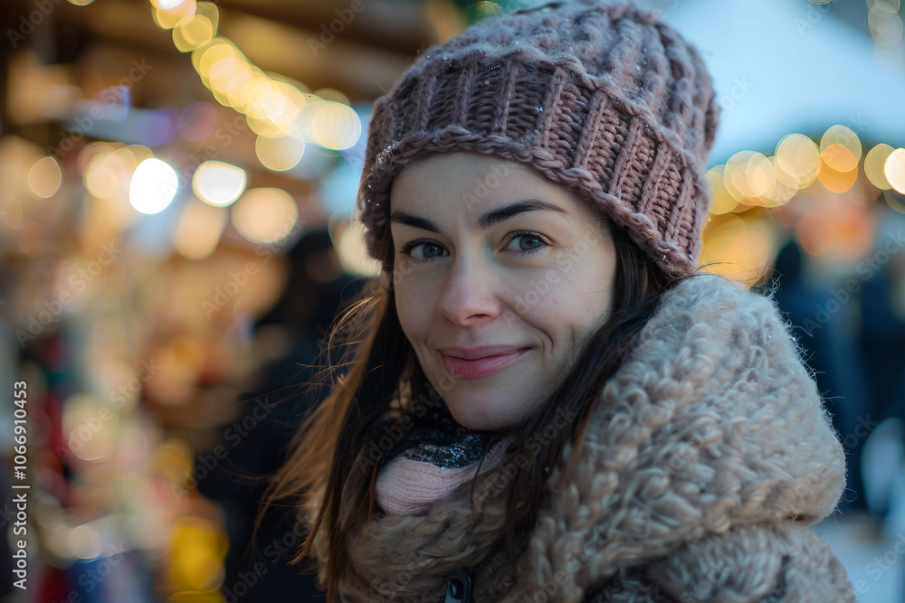 Ai generate beautiful woman against the backdrop of christmas fair lights on street in snow Ai generate beautiful woman against the backdrop of christmas fair lights on street in snow