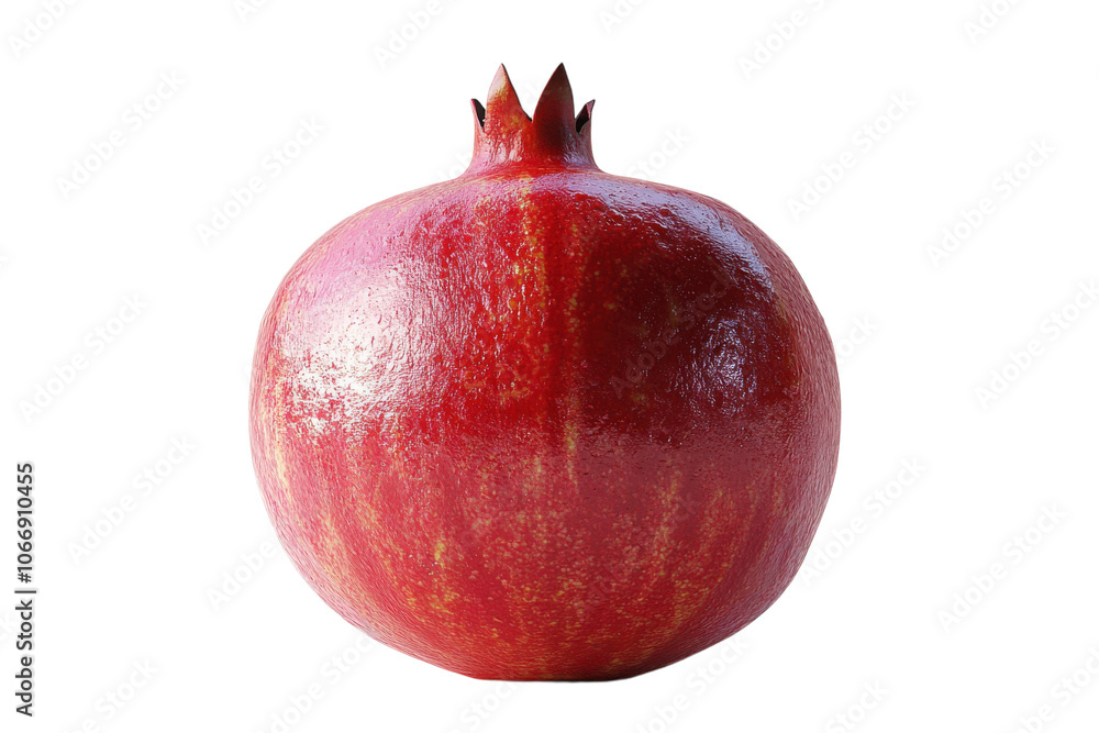 Fototapeta premium Bright red pomegranate on a clean white background showcasing its smooth skin and crown