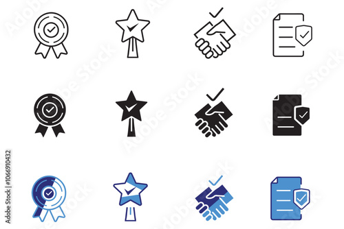 Verified checkmark guarantee icon set. Vector illustration of trust, warranty, agreement, badge,  confirms, approval mark. Certified award for successful business. Badge warranty for web and app