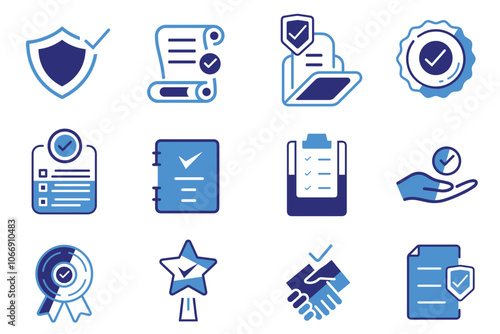 Verified checkmark guarantee icon set. Vector illustration of trust, warranty, agreement, badge,  confirms, approval mark. Certified award for successful business. Badge warranty for web and app