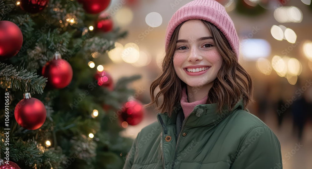 Cheerful woman in green coat and pink beanie by Christmas tree Cheerful woman in green coat and pink beanie by Christmas tree