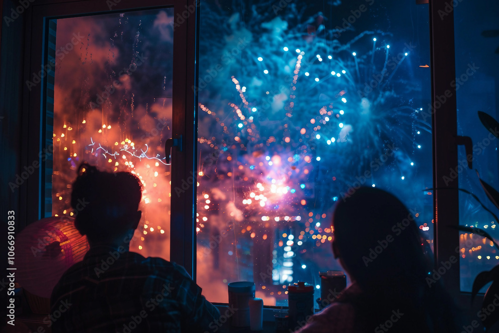 Image of New Year night celebration with fireworks and lights ai generative Image of New Year night celebration with fireworks and lights ai generative