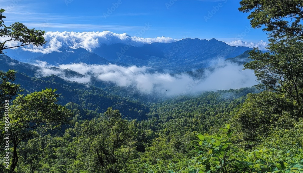 Naklejka premium Lush green mountains under a blue sky with wispy clouds in the distance