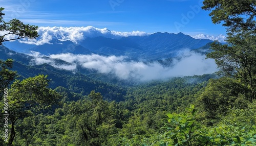 Lush green mountains under a blue sky with wispy clouds in the distance