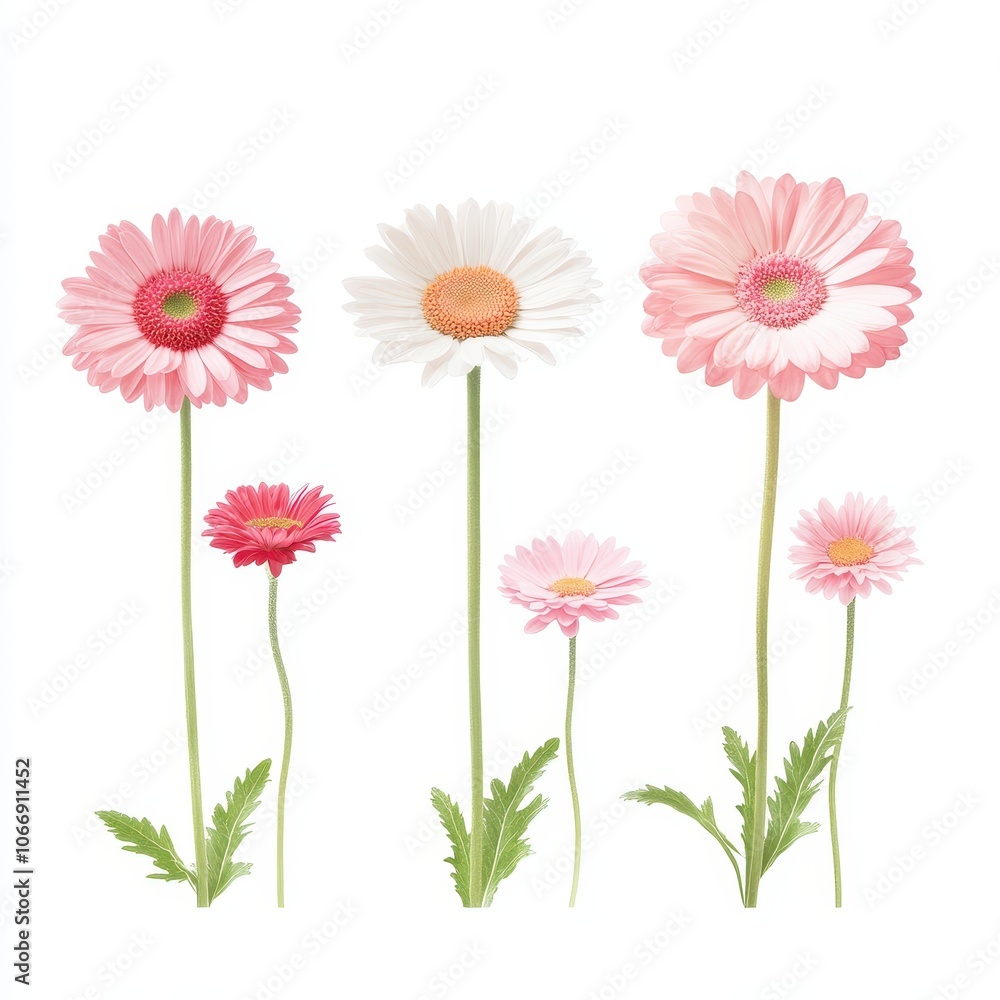 Three pink and white daisies are standing next to each other Three pink and white daisies are standing next to each other