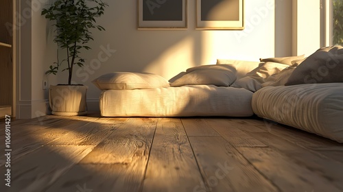 The image contains a wooden floor, a house plant in a white pot, a white couch with pillows, two framed pictures on the wall, and a window to the right. The sun is shining through the window casting