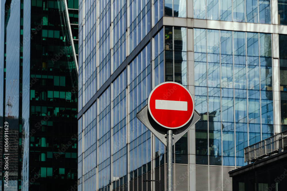 A Detailed Urban Landscape Featuring a No Entry Sign Within a Modern Cityscape Setting
