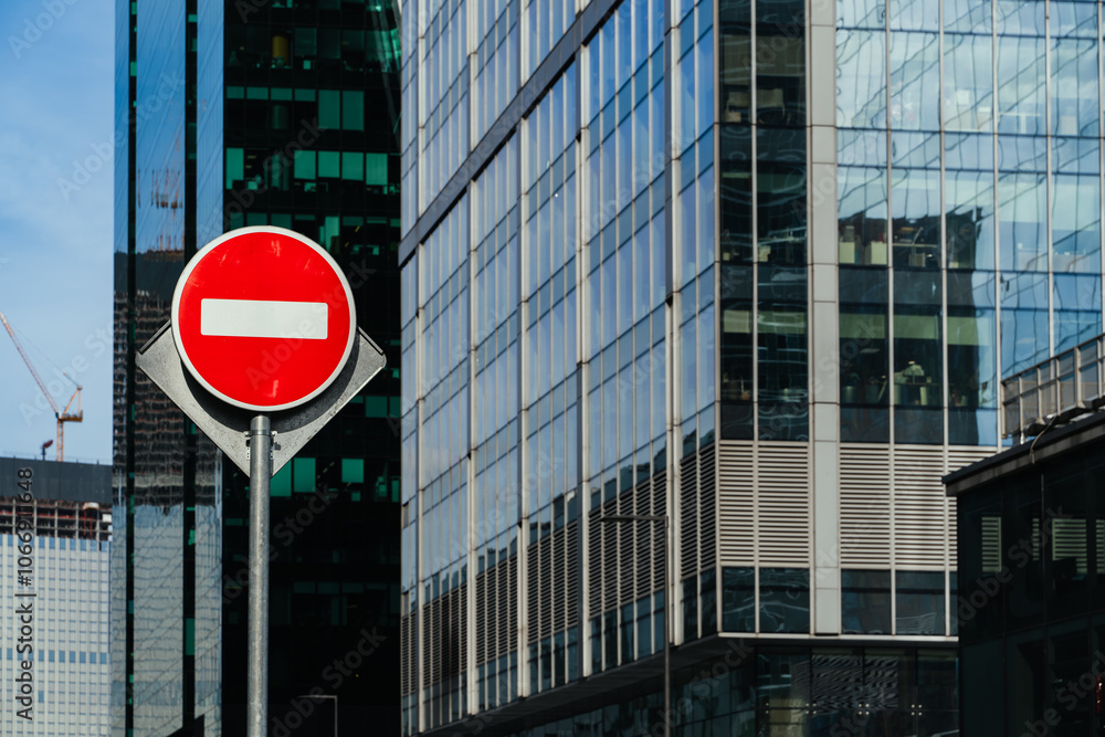 A Detailed Urban Landscape Featuring a No Entry Sign Within a Modern Cityscape Setting