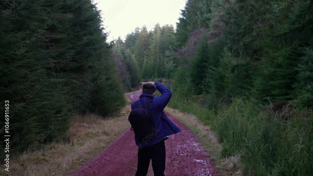 Man with backpack photographing a forest path, surrounded by tall trees, capturing a nature scene Man with backpack photographing a forest path, surrounded by tall trees, capturing a nature scene