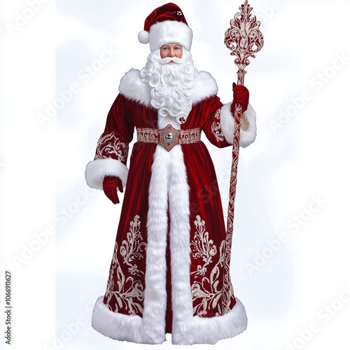 A traditional Santa Claus in a red and white fur-trimmed outfit holding a staff, smiling warmly amidst a festive winter backdrop