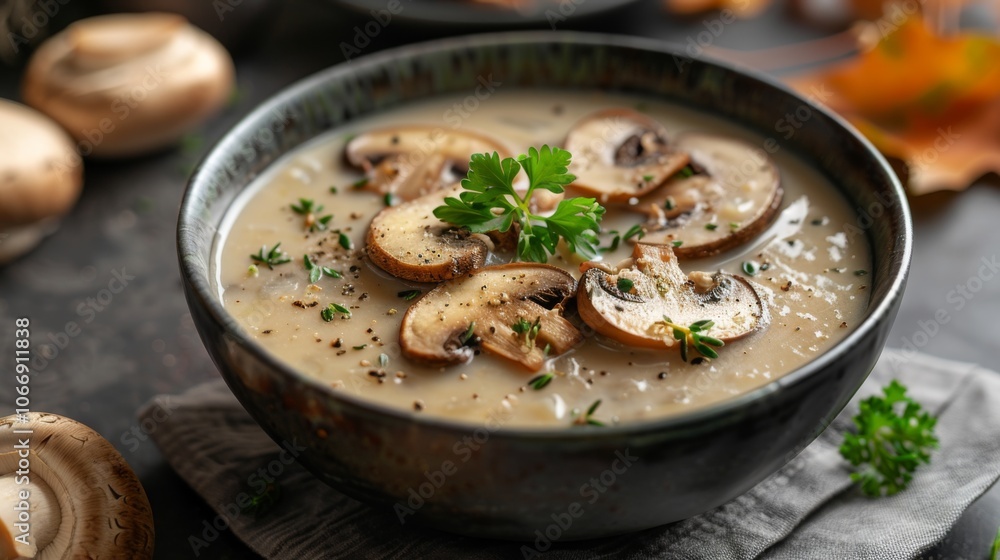 Autumn or fall season. Bowl of autumn mushroom cream soup Autumn or fall season. Bowl of autumn mushroom cream soup