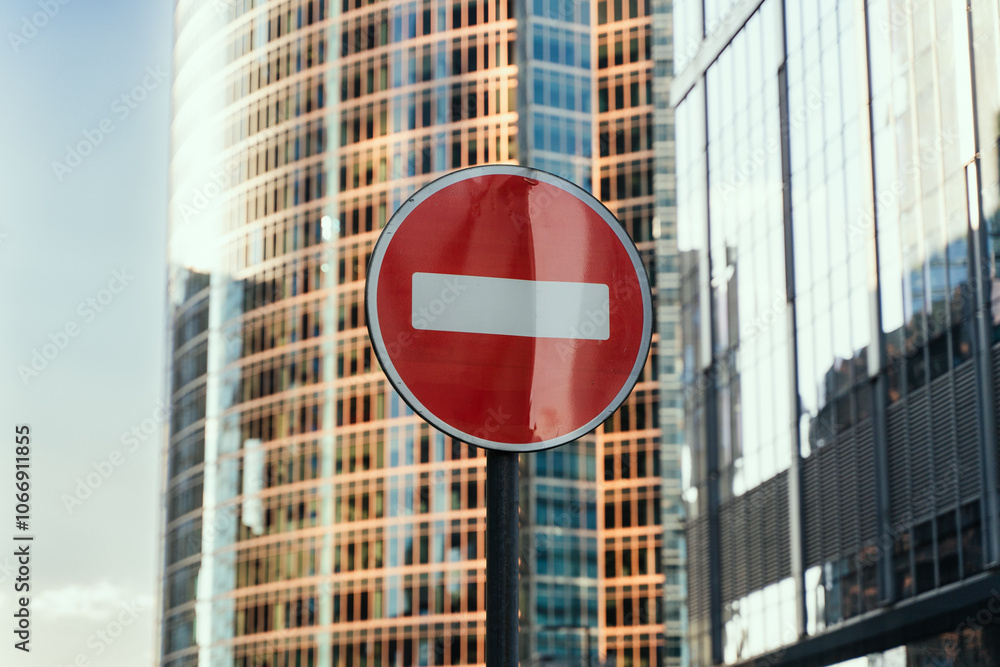 A Detailed Urban Landscape Featuring a No Entry Sign Within a Modern Cityscape Setting