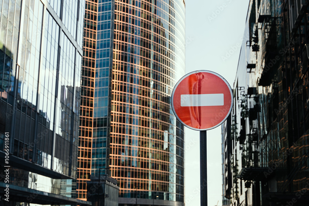 A Detailed Urban Landscape Featuring a No Entry Sign Within a Modern Cityscape Setting
