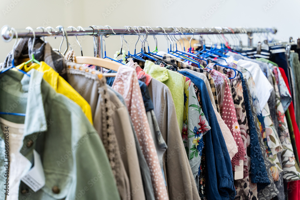 Second hand clothes on hangers for reselling. Reasonable consumption. Second life for clothing. Selective focus