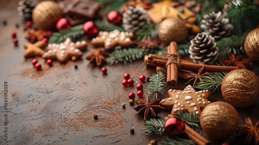 Winter season. Christmas and New Year composition. Festive decorations and homemade gingerbread with copy space for text design. Holiday and celebration concept, greeting card or invitation mockup Winter season. Christmas and New Year composition. Festive decorations and homemade gingerbread with copy space for text design. Holiday and celebration concept, greeting card or invitation mockup