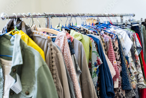 Obraz na płótnie Second hand clothes on hangers for reselling. Reasonable consumption. Second life for clothing. Selective focus w salonie