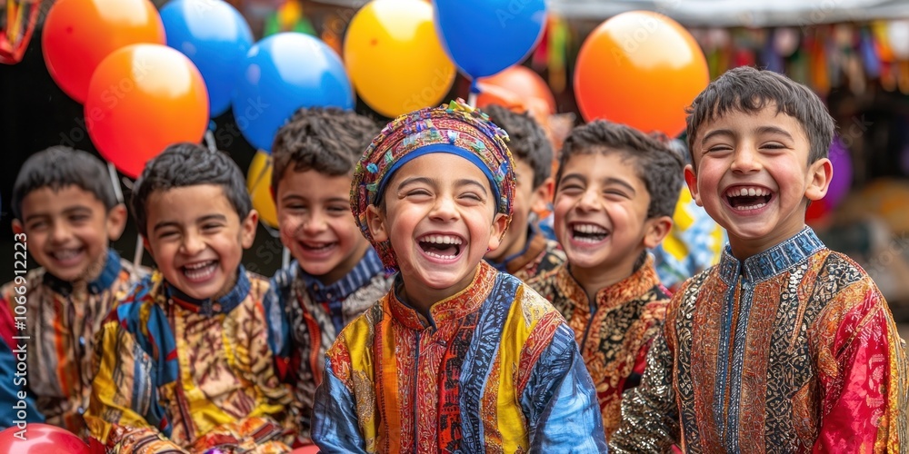 A Group of Joyful Young Boys Wearing Colorful Traditional Clothing A Group of Joyful Young Boys Wearing Colorful Traditional Clothing