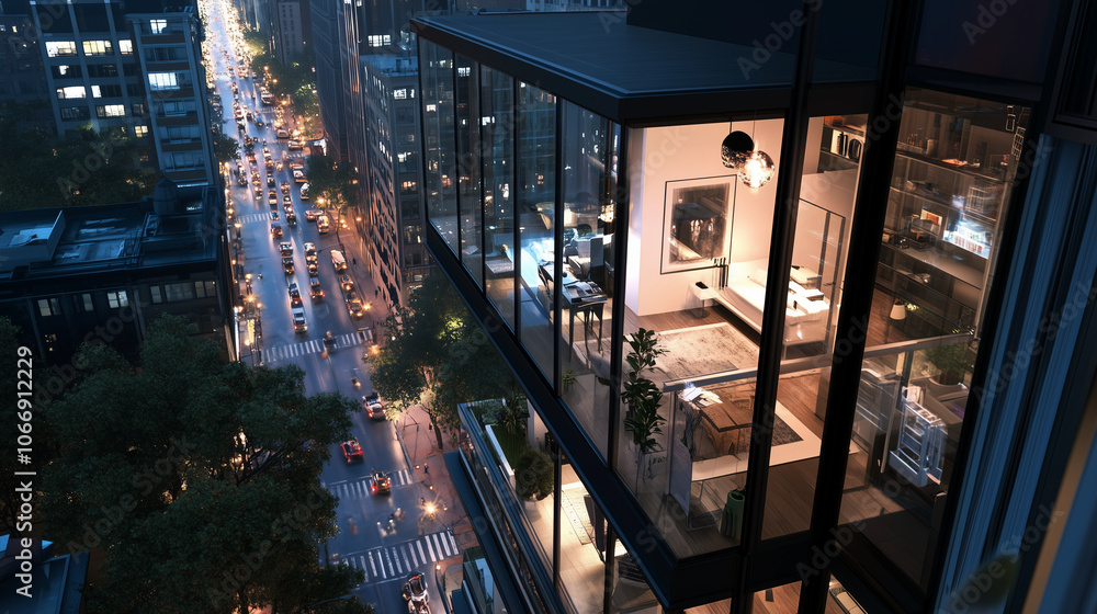 Top-down view of a modular living container fitted into a tall apartment building, with bustling city life visible on the streets below. Top-down view of a modular living container fitted into a tall apartment building, with bustling city life visible on the streets below.