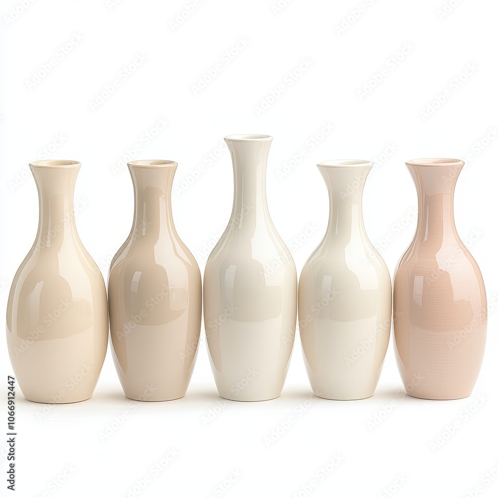 A row of five vases, all of which are white and have a similar shape A row of five vases, all of which are white and have a similar shape