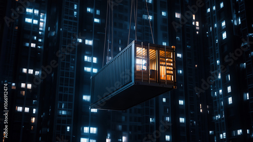 A night scene of a modular container with illuminated interior as itâs lowered by crane into an apartment building, framed by city lights. photo