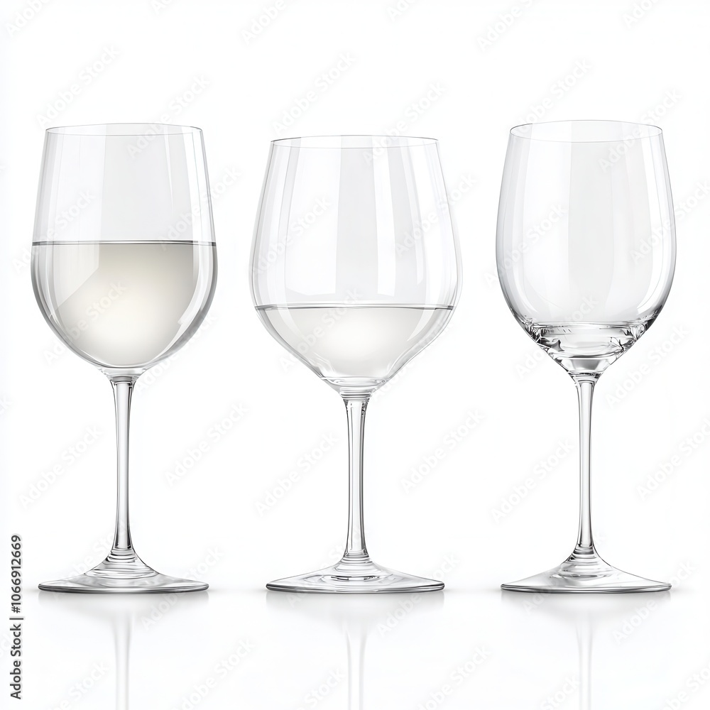 Three wine glasses are shown, one of which is half full of water Three wine glasses are shown, one of which is half full of water