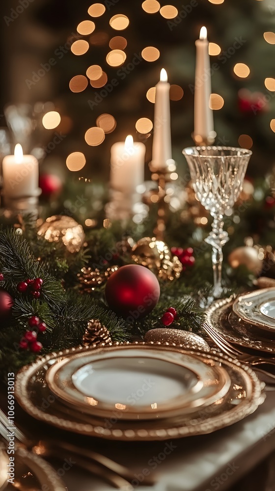 Elegant Christmas dinner table set with candles and festive decor. Elegant Christmas dinner table set with candles and festive decor.