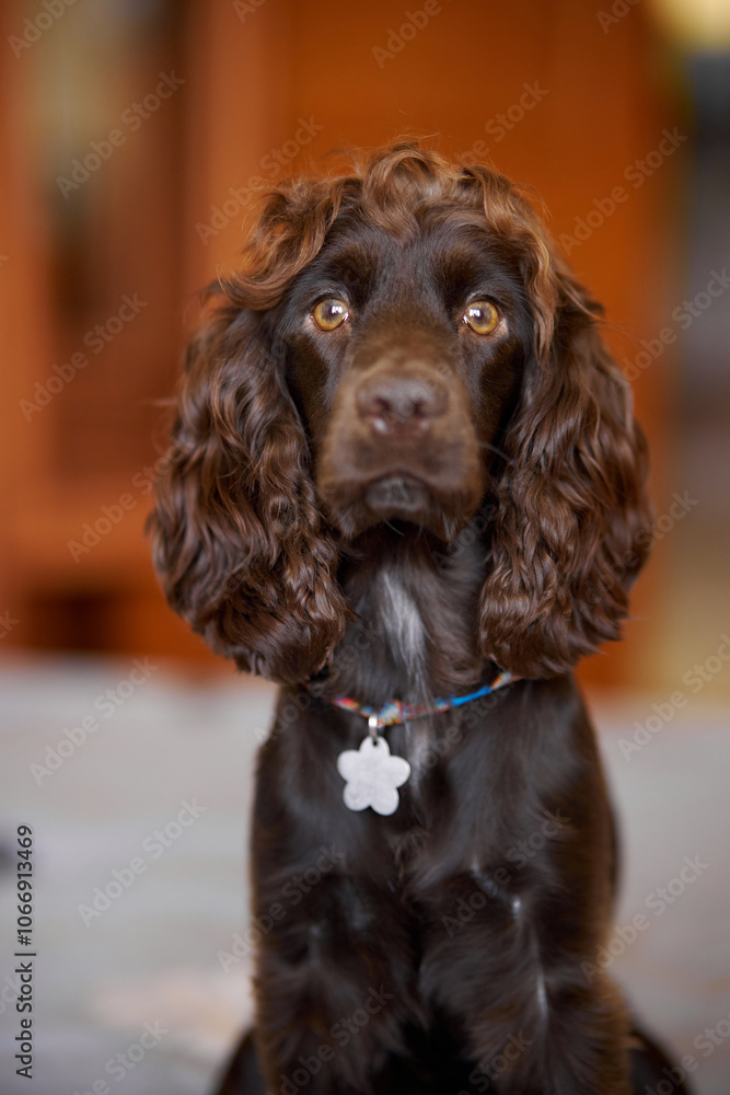 Young dark brown English Cocker Spaniel, close-up portrait. Young dark brown English Cocker Spaniel on the bed. A playful English Cocker Spaniel puppy looks at the camera. Happy puppy Young dark brown English Cocker Spaniel, close-up portrait. Young dark brown English Cocker Spaniel on the bed. A playful English Cocker Spaniel puppy looks at the camera. Happy puppy