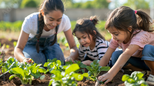 A kindergarten teacher and his students were planting vegetables, they were so happy and cheerful.