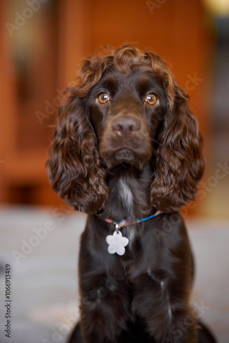 Young dark brown English Cocker Spaniel, close-up portrait. Young dark brown English Cocker Spaniel on the bed. A playful English Cocker Spaniel puppy looks at the camera. Happy puppy