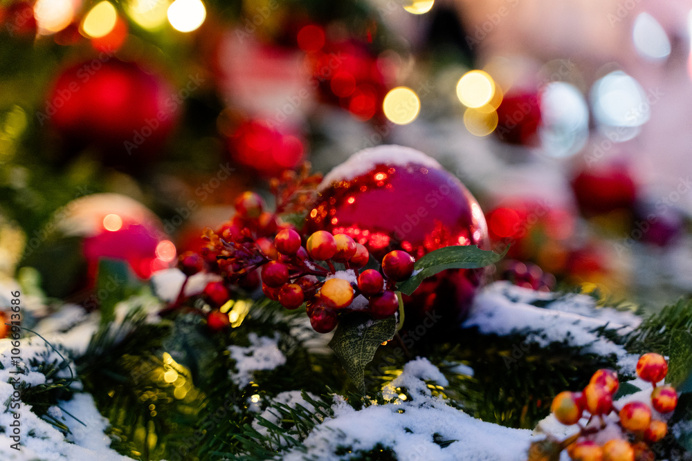 Festively decorated Christmas setting featuring bright red ornaments and a snowy background