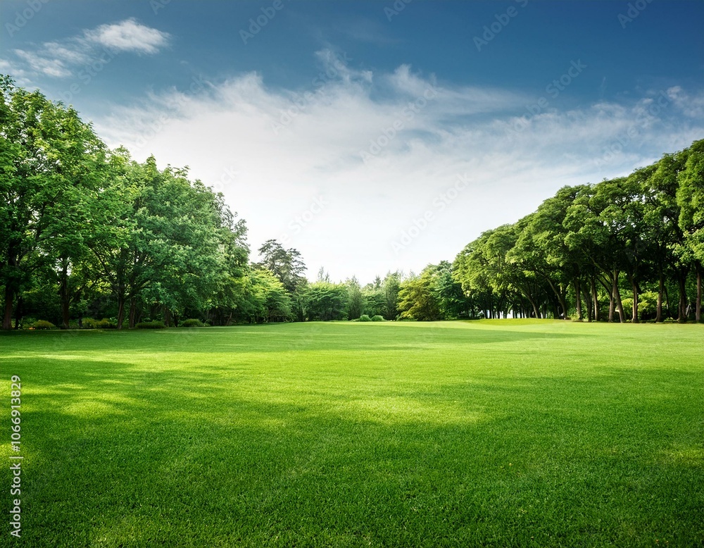 A serene landscape featuring a green lawn with tall, leafy trees in the background. A serene landscape featuring a green lawn with tall, leafy trees in the background.