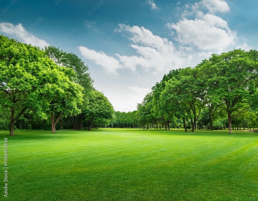 A picturesque scene with a green lawn and a forest of green trees in the distance. A picturesque scene with a green lawn and a forest of green trees in the distance.