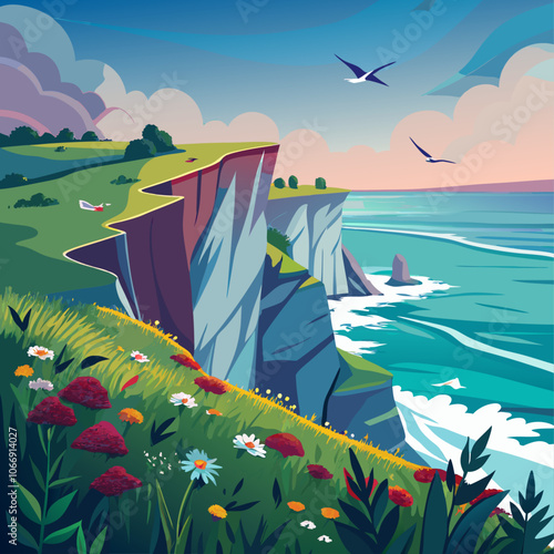 Lush green meadows overlooking the sea