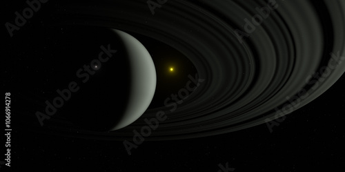 3d representation planet rings yellow star and explosion in the atmosphere
