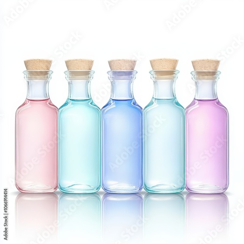 A row of five bottles of different colored liquids, each with a cork stopper