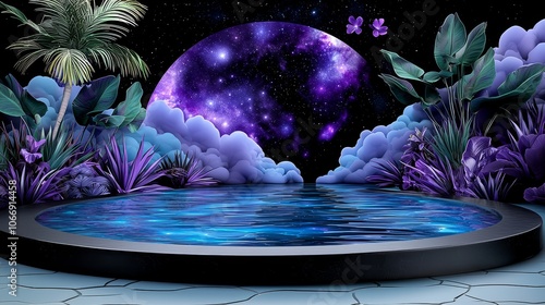 Surreal Nighttime Pool with Galaxy Moon and Tropical Plants