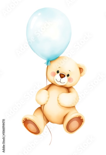 Watercolor illustration of a cute teddy bear holding a blue balloon floating in the air, perfect for baby shower invitations, greeting cards, and children's book illustrations