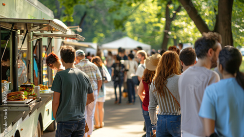 View of many people queuing to buy food at the food truck, with a city park in the background.